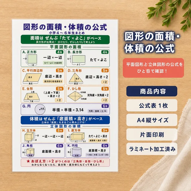図形の面積体積の公式（A4ラミネート）