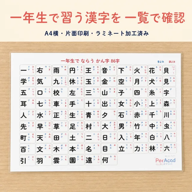 一年生で習う漢字一覧表（A4ラミネート）