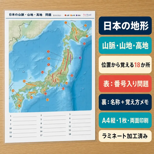 日本の地形 山脈山地高地（A4ラミネート）